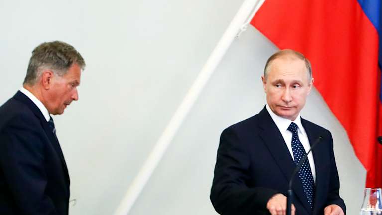 Finlands president Sauli Niinistö och Rysslands president Vladimir Putin i Nyslott på sin presskonferens den 27 juli 2017.