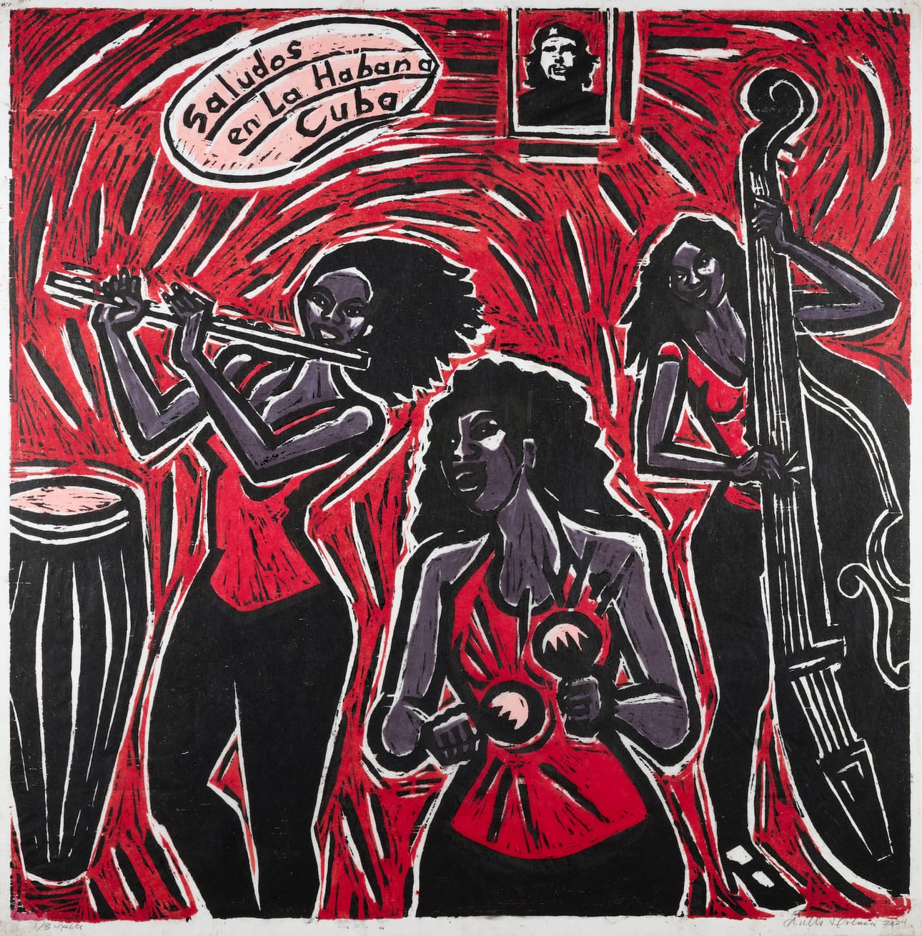 Antti Holma: Onnellisten saarella ei rasismia, 2024, puupiirros.