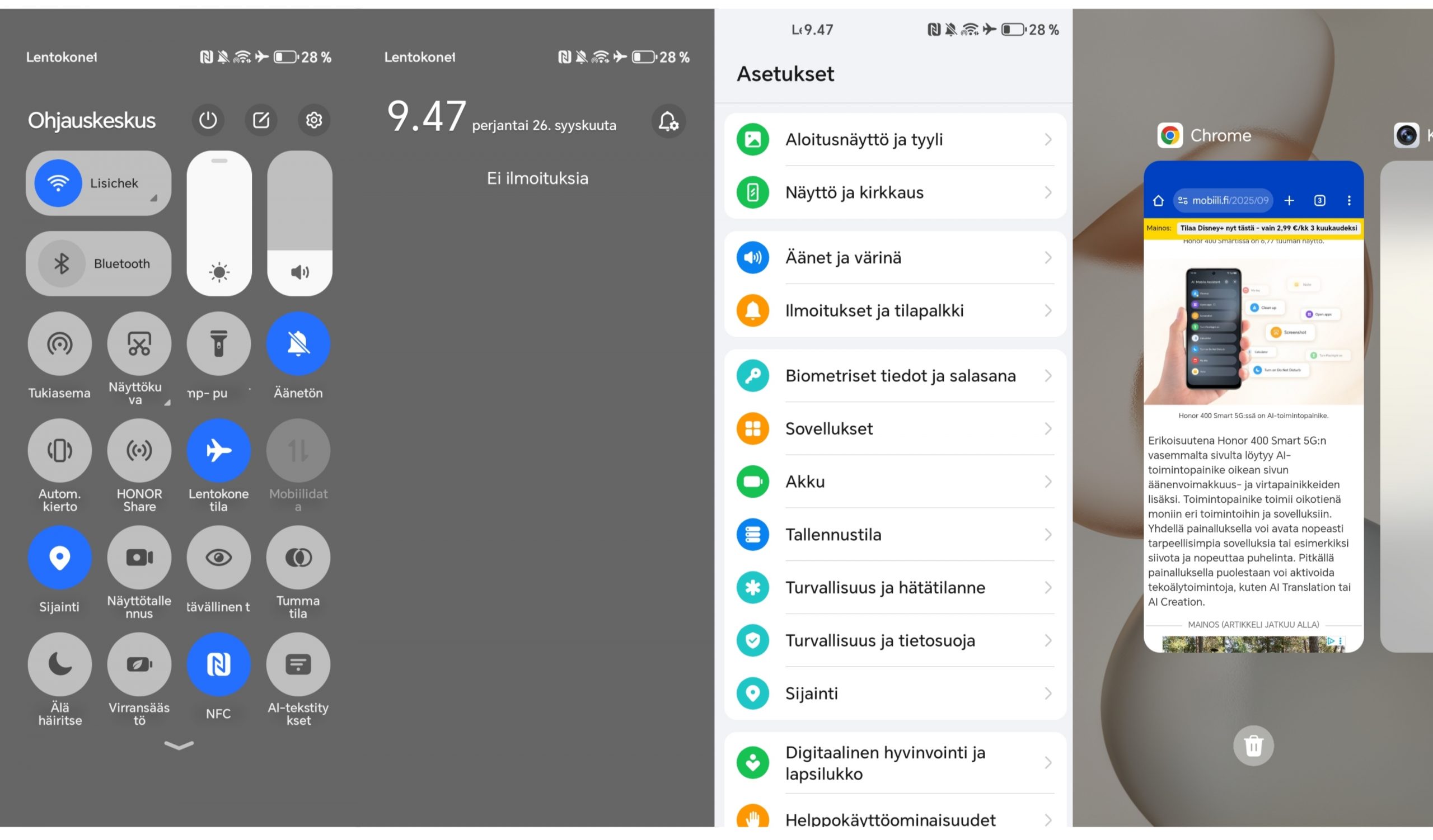 Ruutukaappauksia Honor 400 Smart 5G:n MagicOS 9.0 -ohjelmistosta.