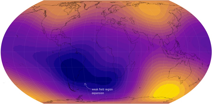 Maan magneettikenttä heikkenee Etelä-Amerikan alueella