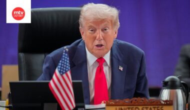 Donald Trump 26.10.2025 puhumassa Kaakkois-Aasian maiden yhteistyöjärjestö eli ASEAN huippukokouksessa.