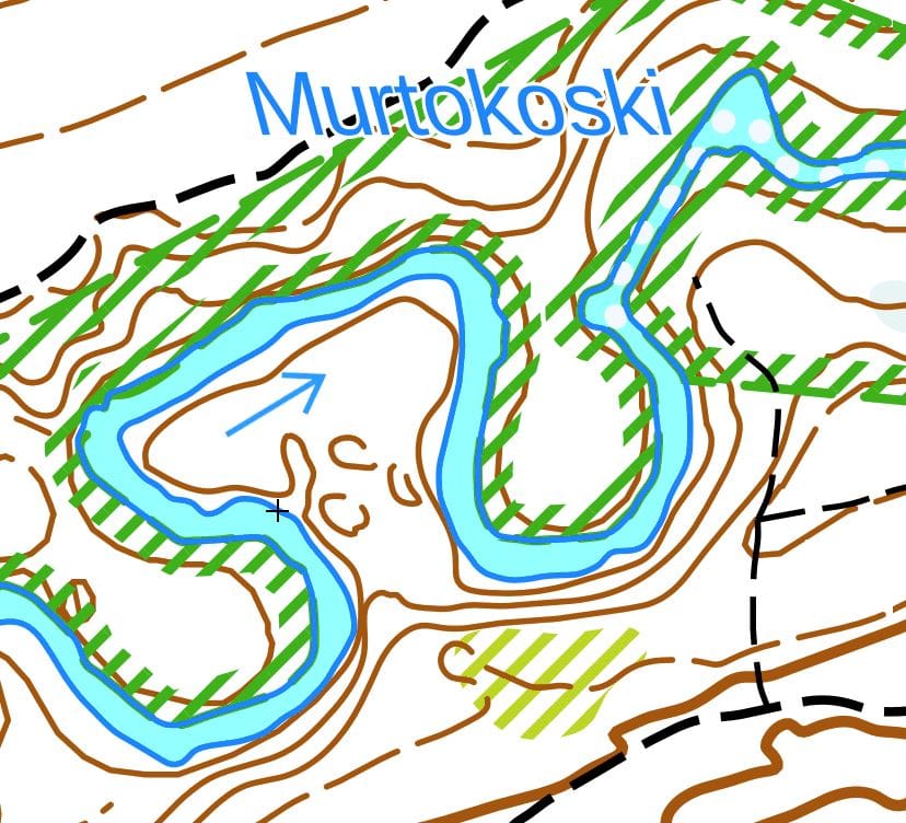 Kartassa koski-tekstin alla on syntymässä uusi makkaranmuotoinen lampi, kun U-kirjaimen muotoisen osan yläreunat yhdistyvät ja alaosa erkaantuu jokiuomasta.