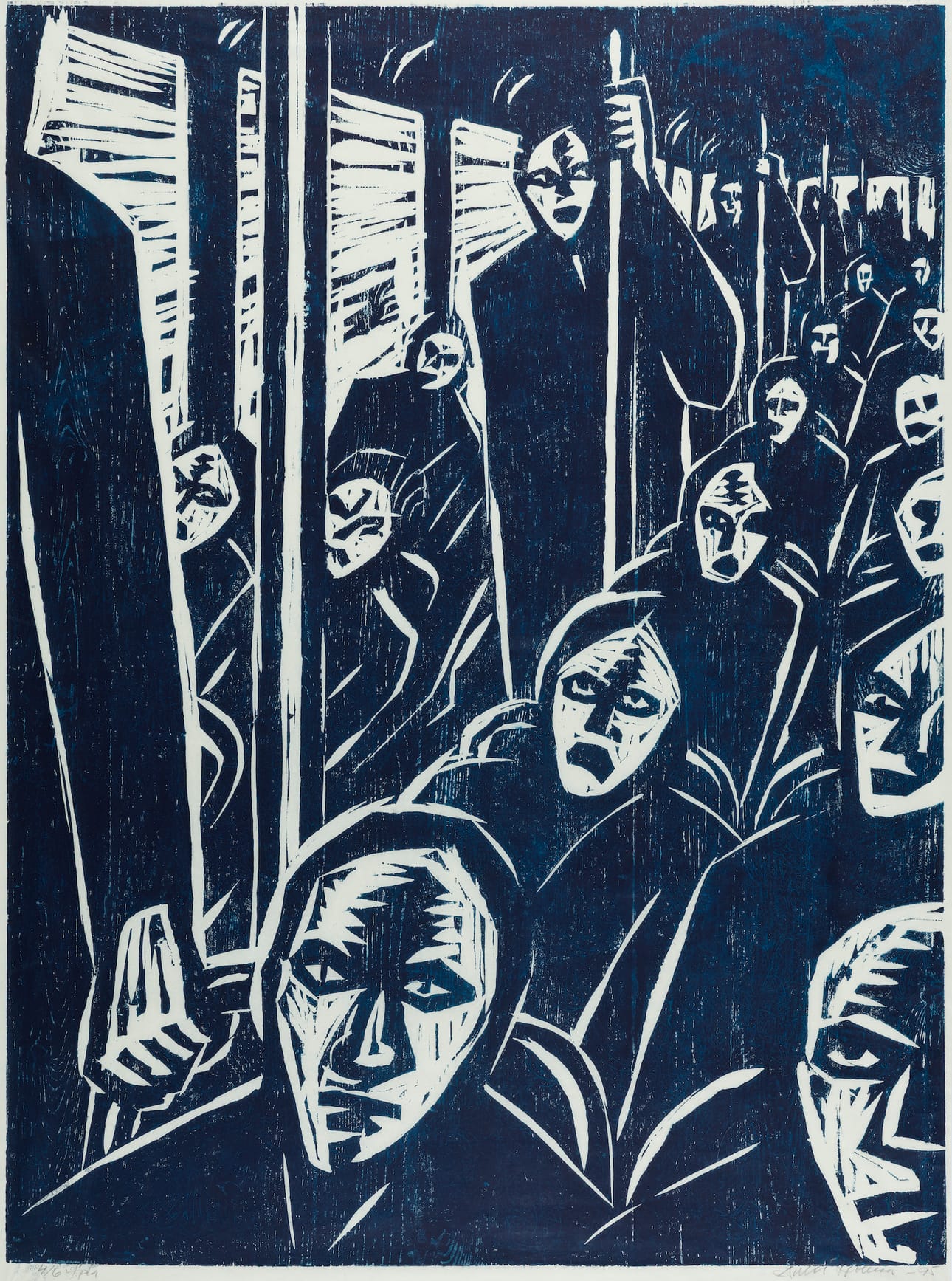 Antti Holma: Sininen bussi, 1995, puupiirros.