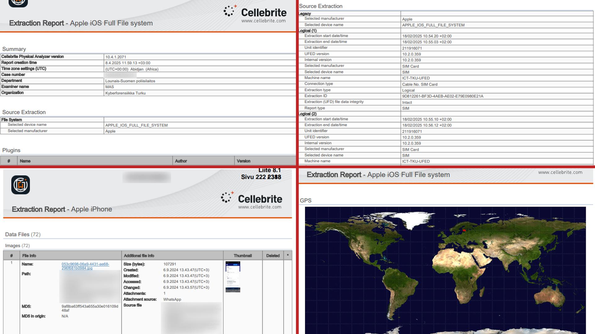 Cellebriten ohjelmistolla tuotettuja raportteja älypuhelimien tiedoista. Älypuhelimien tiedoista voidaan kaivaa henkilöiden välisiä viestinvaihtoja, puhelimella otettuja kuvia tai sen tallentamia sijaintitietoja.