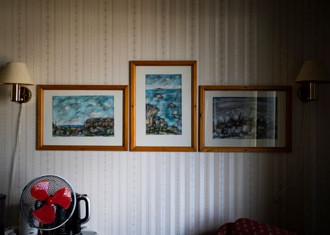 Tauluja hotelli Joronjäljen huoneessa.