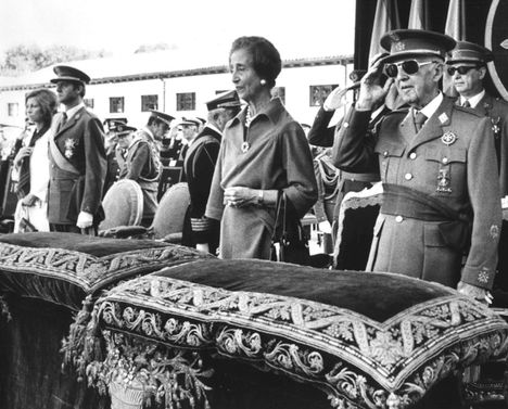 Espanjan diktaattori Francisco Franco (oik.), hänen puolisonsa Carmen Polo sekä prinssi Juan Carlos ja prinsessa Sofía (vas.) kuuntelivat kansallishymniä El Pardon palatsissa Madridissa 4. lokakuuta 1975, runsas kuukausi ennen Francon kuolemaa.