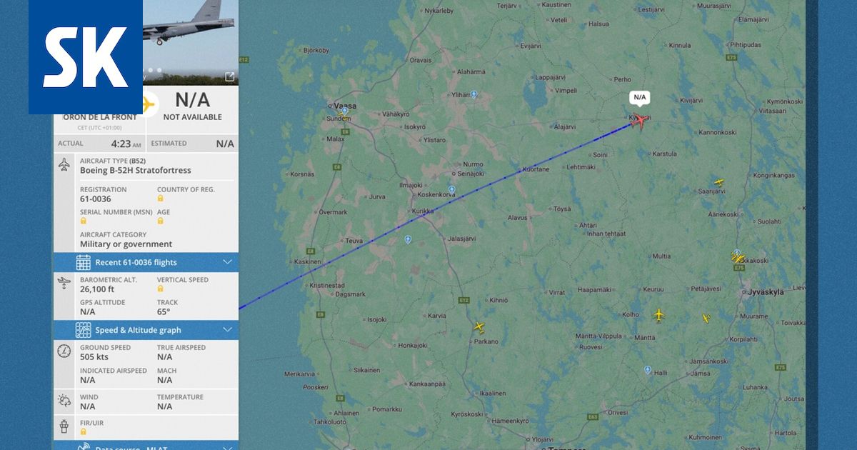 Yhdysvaltain ilmavoimien pommikone lentää Suomen yllä