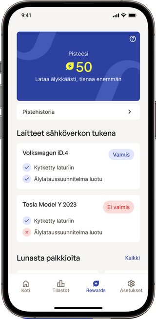 Tältä näyttää Synergin applikaatio. Verkon tasapainotukseen osallistuminen näkyy pisteinä, jotka voi edelleen lunastaa palkkioina.