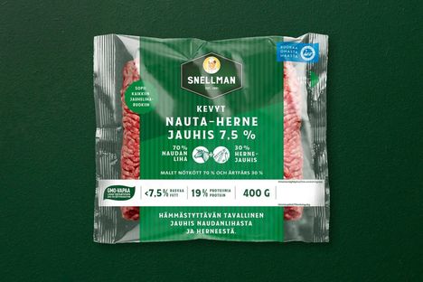 Snellmannin uutuusjauhelihassa naudanlihan osuus on 70 prosenttia, ja loput on korvattu kasvipohjaisella ”hernejauhiksella”.