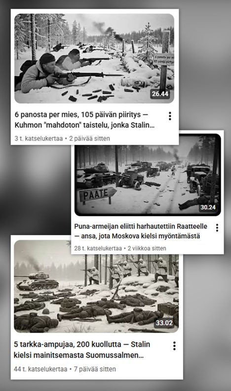 Suomen sotahistoriaa vääristelevän Youtube-kanavan kuvat ja tarinat on luotu tekoälyllä. IS julkaisee kuvista näytteen poikkeuksellisesti tuodakseen lukijoiden nähtäville, millaisesta sisällöstä on kyse. Joissakin kuvissa on myös kuvitteellisia kylttejä, kuten venäjäksi kirjoitettu Раате (Raate).