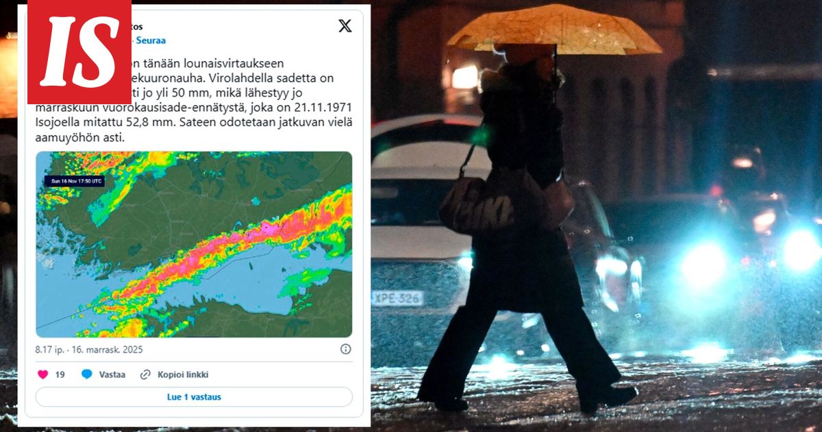 Virolahdella ollaan rikkomassa marraskuun vuorokausisade-ennätystä