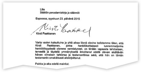 Paakkasen allekirjoitus vuoden 2015 testamentista.