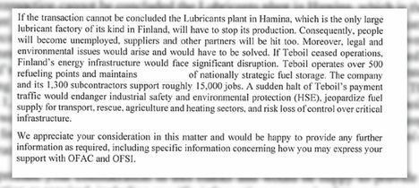 Lukoilin mukaan mikäli Teboil kaatuu, Suomesta häviää tuhansia työpaikkoja ja Suomen kriittinen infrastruktuuri voisi luisua pois kontrollista.