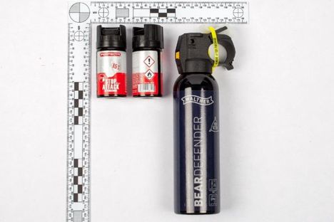 Poliisin epäillyiltä takavarikoitu kaasusumute ja kaksi pienempää pippurisumutetta.