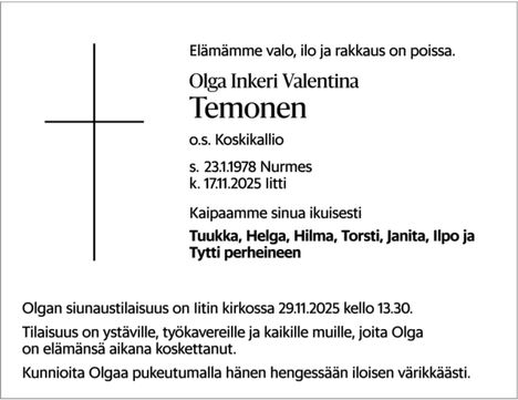 Olga Temosen kuolinilmoitus julkaistiin Helsingin Sanomisa 23. marraskuuta.