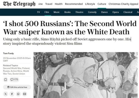 The Telegraphin artikkeli Simo Häyhästä ilmestyi 20. marraskuuta 2025.