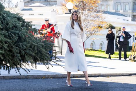 Taustalla soi joulumusiikki, kun Melania Trump silmäili puuta.