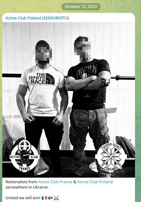 Näyttökaappaus Active Club Finlandin Telegram-kanavan julkaisusta lokakuulta 2023. Kuvassa Active Club Francen ja Active Club Finlandin aktivistit jossain päin Ukrainaa.