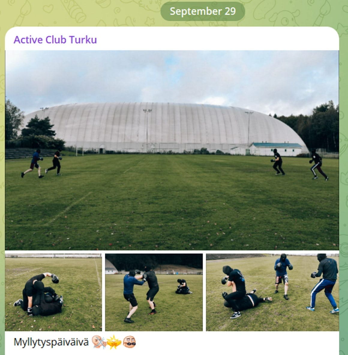 Näyttökaappaus Active Clubin Turun paikallisjärjestön Telegram-kanavan julkaisusta syyskuulta 2025. Kuva tappeluharjoituksista.
