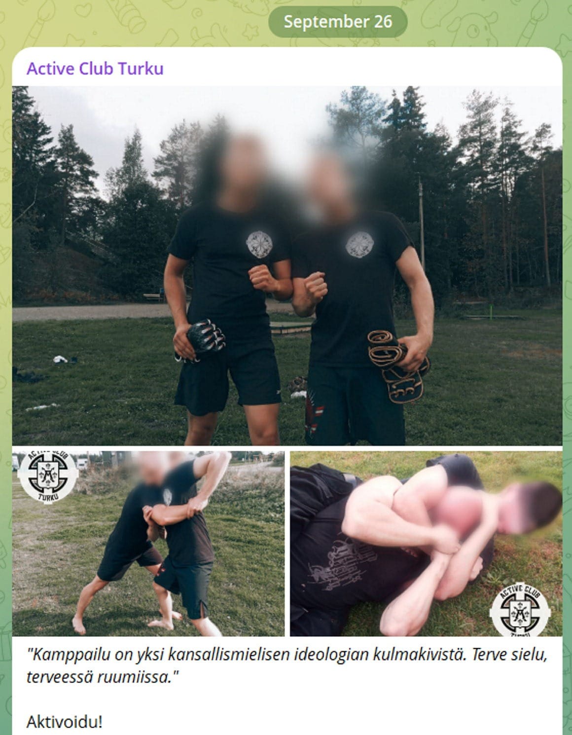Näyttökaappaus Active Clubin Turun paikallisjärjestön Telegram-kanavan julkaisusta syyskuulta 2025. Kuva tappeluharjoituksista.
