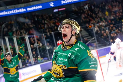 Ilveksen Matic Török juhli osuumaansa HIFK:ta vastaan SM-liigan ottelussa lokakuussa.