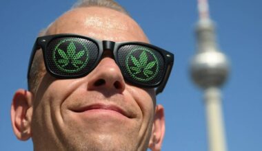 Hamppuparaati-nimiseen vuosittaiseen mielenilmaukseen osallistunut mies oli sonnustautunut kannabisteemaisiin aurinkolaseihin Berliinissä 9. elokuuta 2025. AFP/LEHTIKUVA