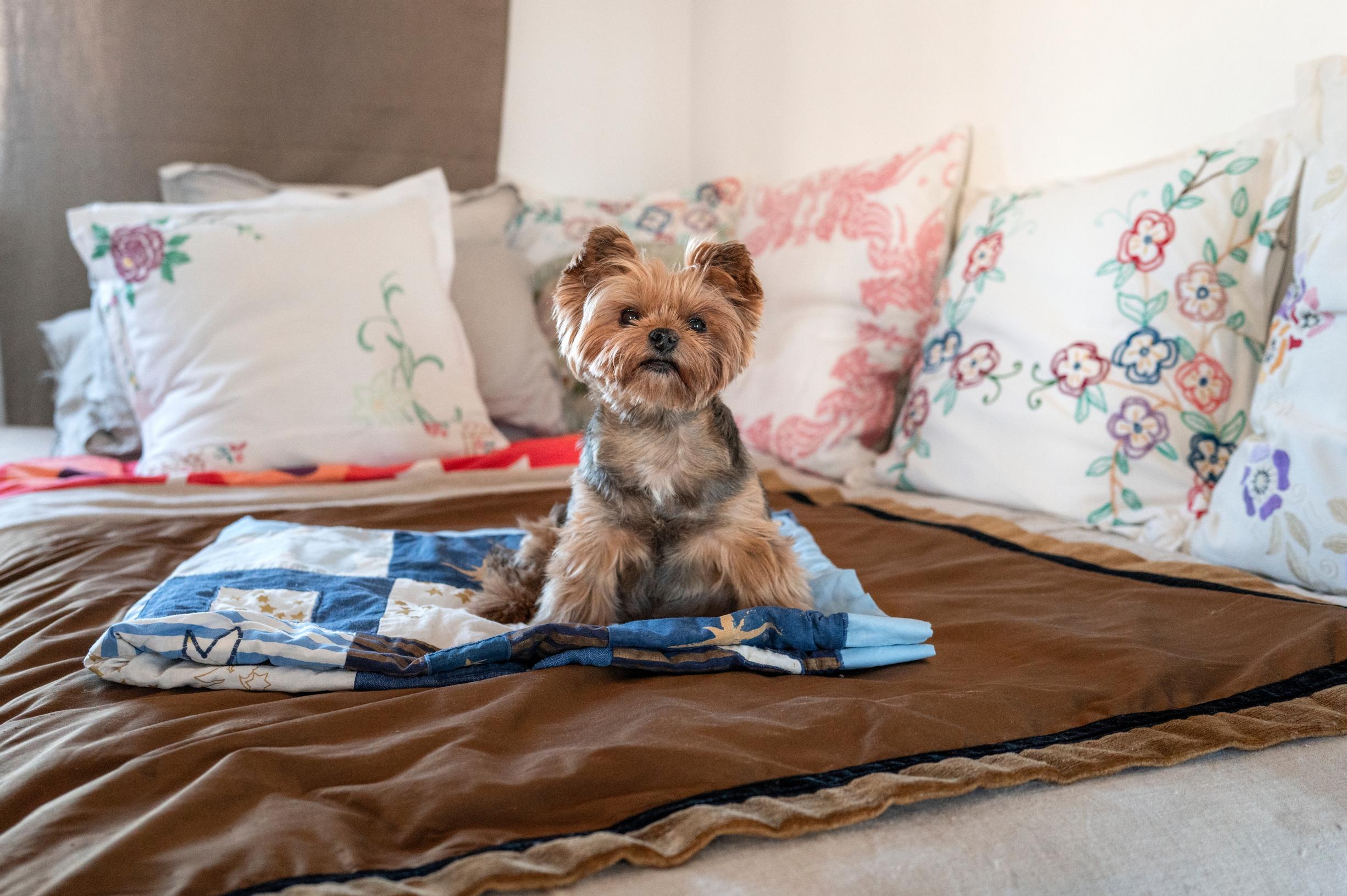 Paikallinen ompelija on tehnyt sängyn tyynyt pöytäliinoista.