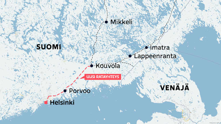 Kartta itäradan suunnitellusta uudesta ratayhtedestä.