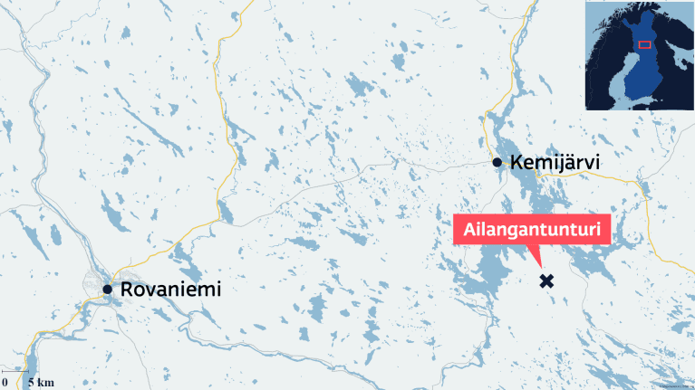 Kartta, jossa näkyy Ailangantunturi sekä Rovaniemi ja Kemijärvi.