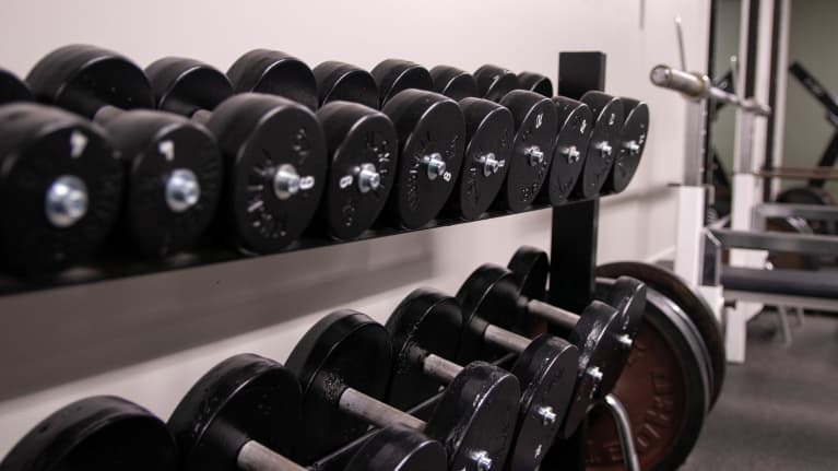 Käsipainoja rivissä kuntosalin telineessä.