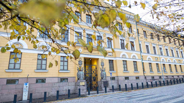 Syksyisten kellastuneiden puunlehtien takaa näkyy keltainen rakennus.