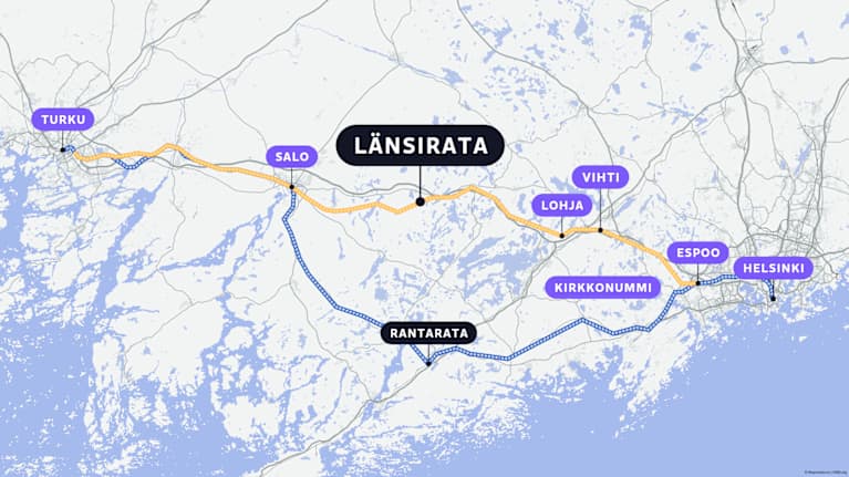 Kartta Länsiradan eli suunnitellun Turun ja Helsingin välisen nopean junayhteyden linjauksesta.