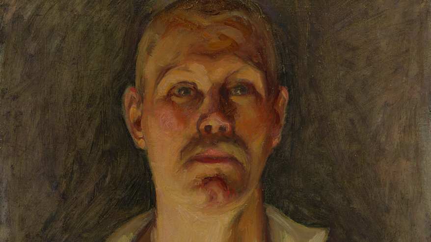 Maalaus miehestä jolla on päällään vaalea väljä paita.