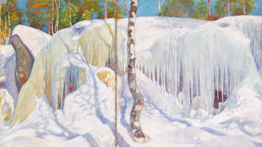 Luminen metsä ja jääpuikkoja helmeilevät puiden lomassa, vangiten Suomen talven parhaimmillaan. Maalaus.