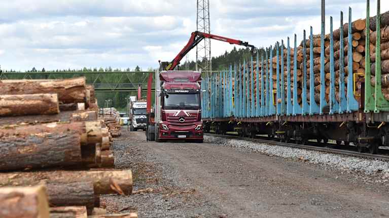 Kaksi tukkirekkaa lastaa puuta tavarajunan vaunuihin Haapamäen asemalla.