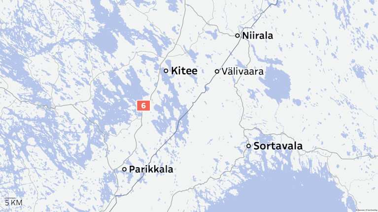 Kartta, johon on merkitty Kiteen, Niiralan, Parikkalan ja Sortavalan kuntakeskittymät sekä Kiteen Välivaaran kylä.
