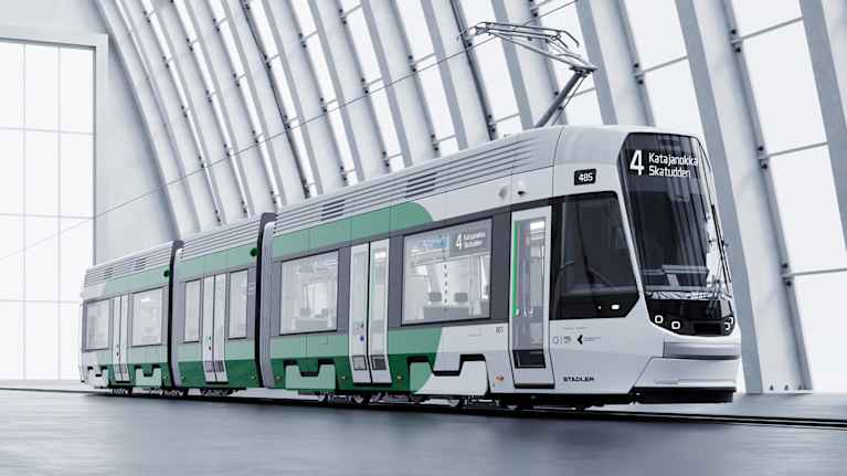 Havainnekuva HSL:n tilaamasta uudesta Sveitsiläisestä raitiovaunusta.
