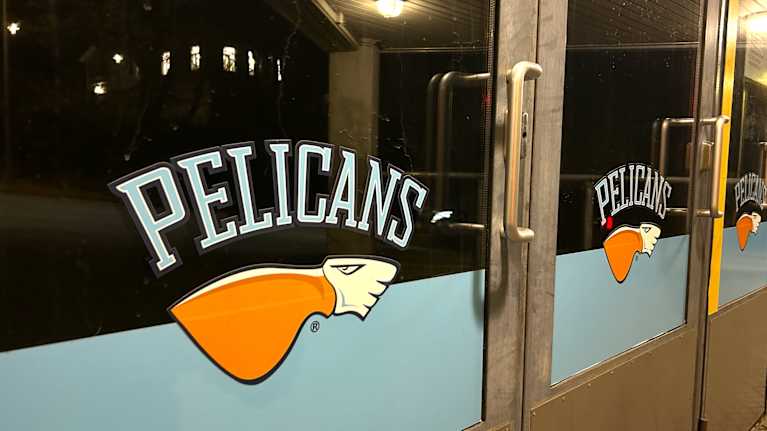 Kuvassa on lasiovia, joissa on tarroja keltavalkoisesta linnusta. Ovissa on tekstit Pelicans.