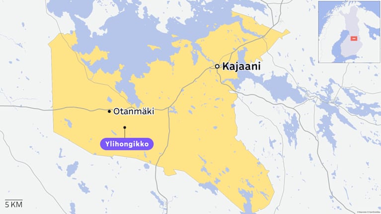 Ylihongikon tuulivoimapuiston suunniteltu alue on merkitty kartalla Otanmäen kaakkoispuolelle.