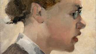 Helene Schjrefbeckin maalaus esittää Helena Westermarckia tyylikkäässä asussa, jossa on valkoinen kaulus ja tumma puku.