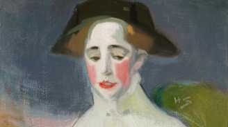 Kuvassa on Helene Schjrefbeckin maalaus Hiihtäjätär. Punaposkisella naisella on suuri hattu päässään.