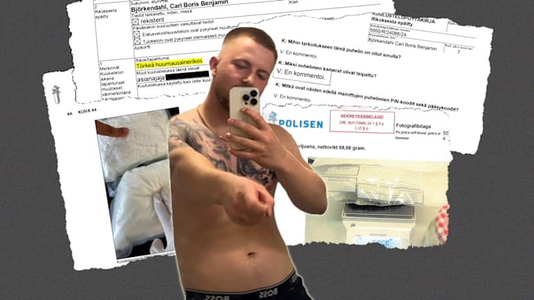 Kuvia poliisin esitutkinta-aineistosta. Kuvassa keskellä näkyy mies Carl Björkendahl ja taustalla kuulustelupöytäkirjoja.