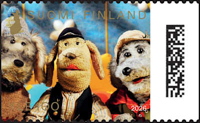 Yle 100 vuotta juhlapostimerkki. Kuvassa Ransu-koira kavereineen.