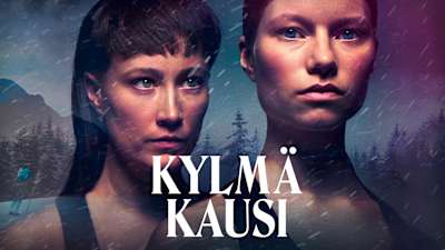 Kylmä kausi -sarjan päähenkilöt lähikuvassa ja sarjan graafinen ilme.