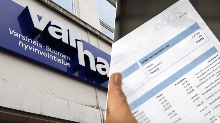 Jaettu kuva, jossa toisessa reunassa  Varhan logo talon seinässä ja toisessa erittely avoimista saatavista.