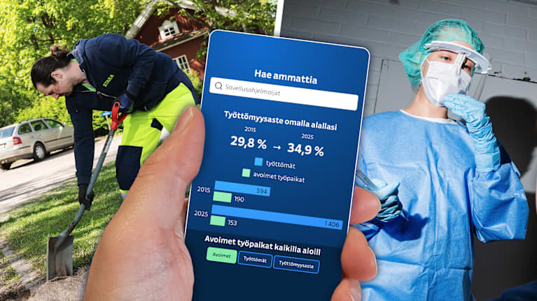 Kolmen kuvan kollaasi. Kuvassa esiintyy lapiota käyttävä puutarhatyöntekijä, suojapukuun pukeutunut sairaanhoitaja tai lähihoitaja ja puhelin jossa on ruudulla eri ammattien työttömyysasteeseen liittyvää sisältöä.