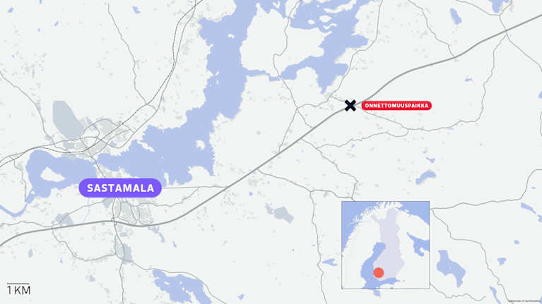 Kartta näyttää Sastamalan onnettomuuden sijainnin kartalla 2.11.2025.