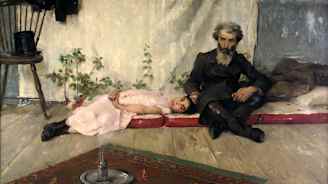 Helene Schjerfbeckin öljyväriteos Lehtimajajuhla vuodelta 1883. Kuvassa makaava tyttö ja istuva mies. 