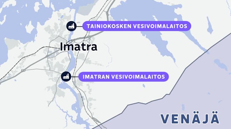 Imatralla sijaitsevat Tainionkosken ja Imatran vesivoimalaitokset. Venäjän puolella lähellä rajaa sijaitsee Svetogorskin vesivoimalaitos.