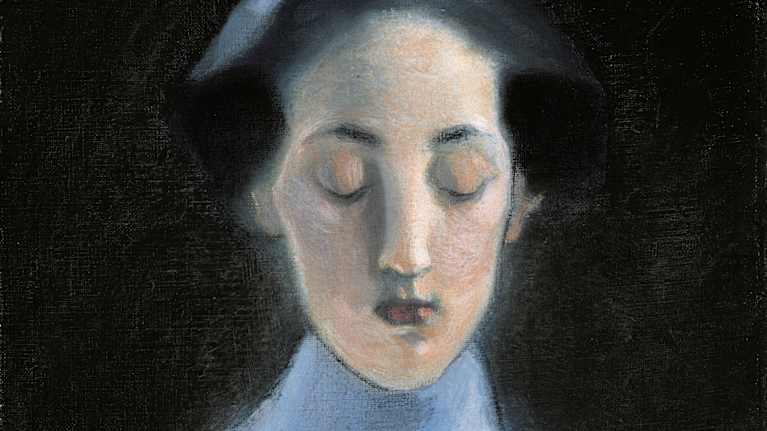 Öljyvärimaalaus naisesta, jolla on silmät kiinni.